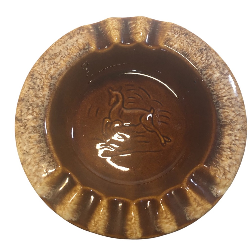 Vintage Brown Ceramic Ashtray with Deer Design Hull USA
